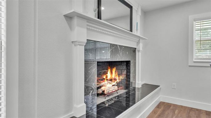 Fireplace, Interior, Recessed Lighting, Wood Texture Flooring