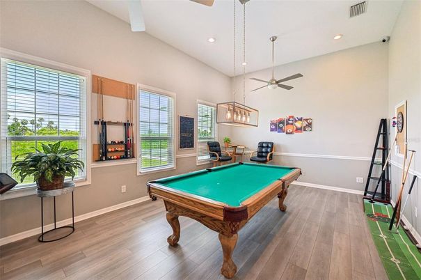 Billiard Table, Game Room, Interior, Pendant Lights, Recessed Lighting, Wood Texture Flooring