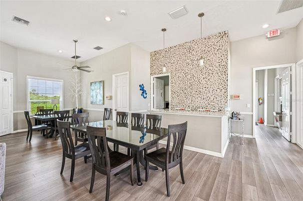 Dining room, Interior, Pendant Lights, Recessed Lighting, Wood Texture Flooring