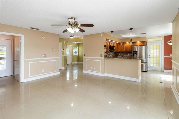 Empty room, Interior, Kitchen, Pendant Lights, Stainless Steel Appliances