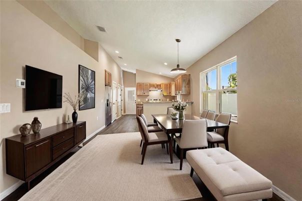 Dining room, Interior, Kitchen, Pendant Lights, Recessed Lighting, Stainless Steel Appliances, Wood Texture Flooring
