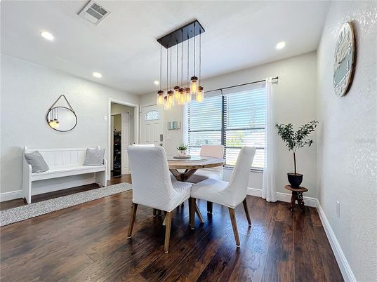 Dining room, Interior, Pendant Lights, Recessed Lighting, Wood Texture Flooring