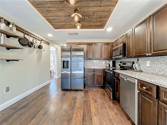 Interior, Kitchen, Recessed Lighting, Stainless Steel Appliances, Wooden Ceilings, Wood Texture Flooring