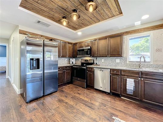 Interior, Kitchen, Recessed Lighting, Stainless Steel Appliances, Wooden Ceilings, Wood Texture Flooring