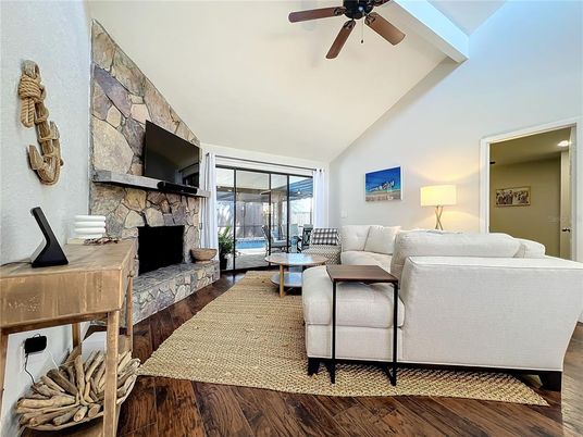 Fireplace, Interior, Living room, Stone Walls, Wood Texture Flooring