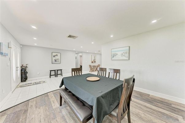 Dining room, Interior, Recessed Lighting, Wood Texture Flooring