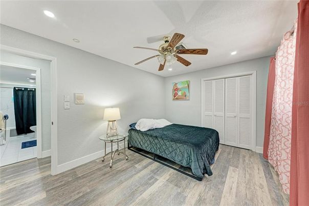 Bedroom, Interior, Recessed Lighting, Wood Texture Flooring