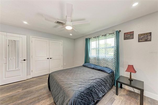 Bedroom, Interior, Recessed Lighting, Wood Texture Flooring