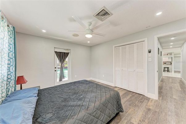 Bedroom, Interior, Recessed Lighting, Wood Texture Flooring