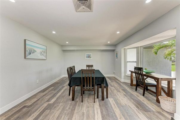Dining room, Interior, Recessed Lighting, Wood Texture Flooring