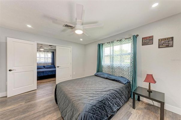 Bedroom, Interior, Recessed Lighting, Wood Texture Flooring