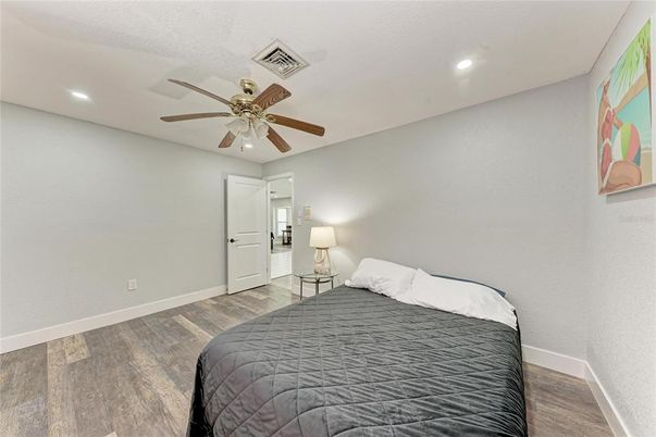 Bedroom, Interior, Recessed Lighting, Wood Texture Flooring