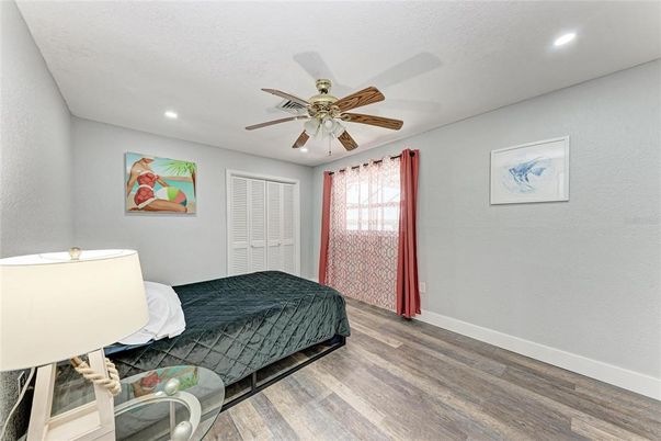 Bedroom, Interior, Recessed Lighting, Wood Texture Flooring