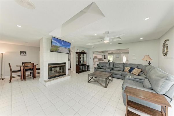 Dining room, Fireplace, Interior, Living room, Recessed Lighting