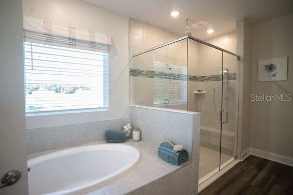 Bathroom, Glass Shower, Interior, Recessed Lighting, Wood Texture Flooring
