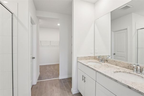 Bathroom, Dual Sink Vanities, Interior, Recessed Lighting, Walk-in Closets, Wood Texture Flooring