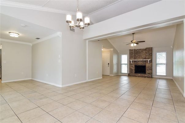 Chandelier, Empty room, Fireplace, Interior, Stone Walls