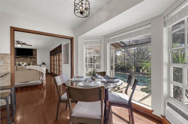 Dining room, Interior, Stone Walls, Sun Room, Wood Texture Flooring