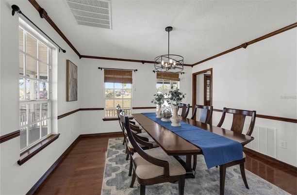 Dining room, Interior, Pendant Lights, Wood Texture Flooring