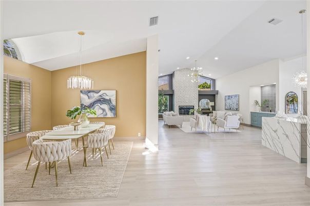 Dining room, Fireplace, Interior, Living room, Pendant Lights, Recessed Lighting, Wood Texture Flooring