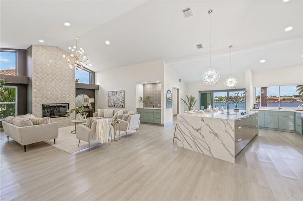 Fireplace, Interior, Kitchen, Living room, Pendant Lights, Recessed Lighting, Water, Wood Texture Flooring