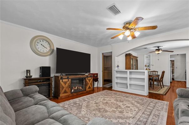Dining room, Fireplace, Interior, Living room, Wood Texture Flooring
