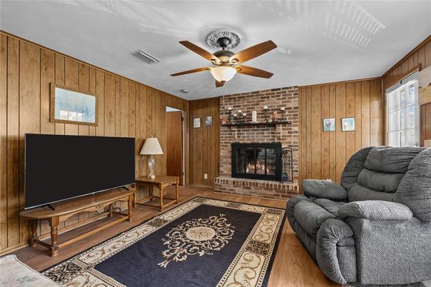 Fireplace, Interior, Living room, Stone Walls, Wood Texture Flooring, Wooden Walls