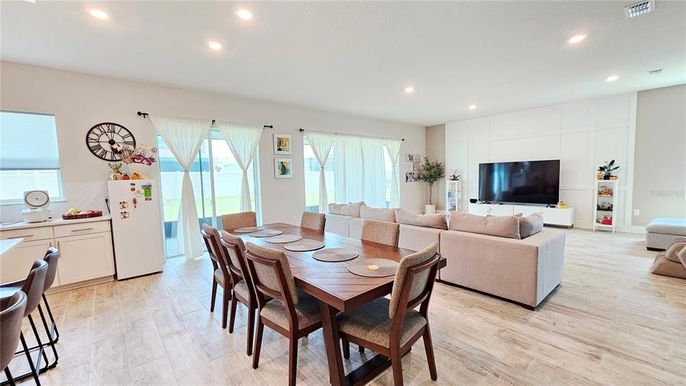 Dining room, Interior, Living room, Recessed Lighting, Wood Texture Flooring