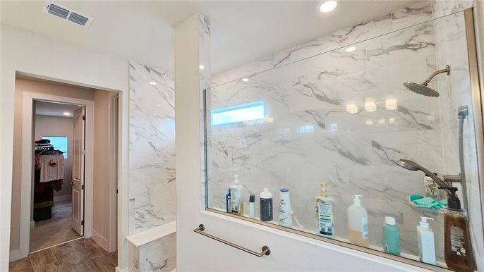 Bathroom, Glass Shower, Interior, Marble Walls, Recessed Lighting