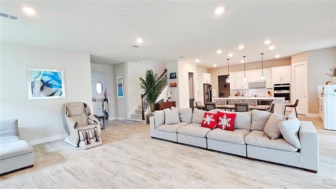 Dining room, Interior, Kitchen, Living room, Pendant Lights, Recessed Lighting, Stainless Steel Appliances, Wood Texture Flooring