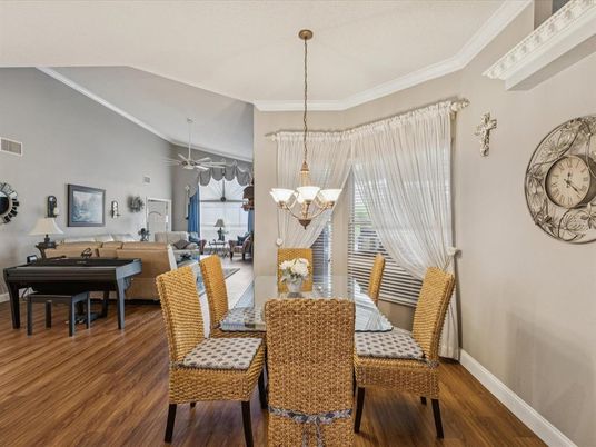 Chandelier, Dining room, Interior, Living room, Pendant Lights, Piano, Wood Texture Flooring