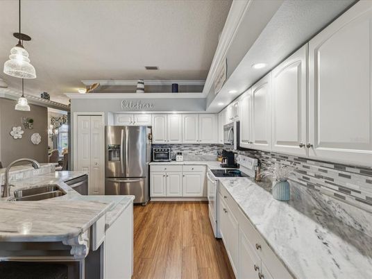 Interior, Kitchen, Pendant Lights, Recessed Lighting, Stainless Steel Appliances, Wood Texture Flooring