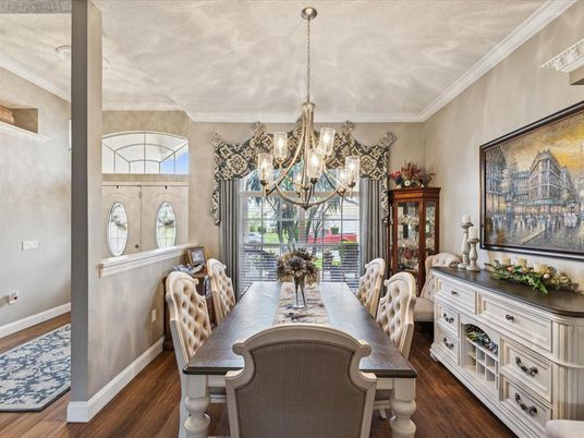 Chandelier, Dining room, Interior, Wood Texture Flooring