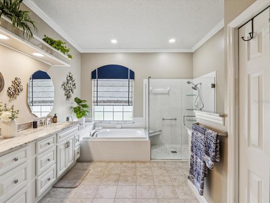 Bathroom, Dual Sink Vanities, Glass Shower, Interior, Recessed Lighting