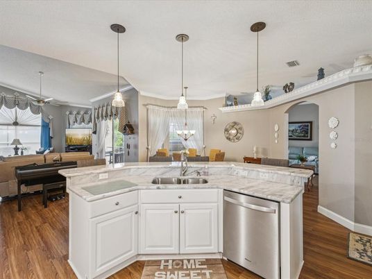 Interior, Kitchen, Living room, Pendant Lights, Wood Texture Flooring