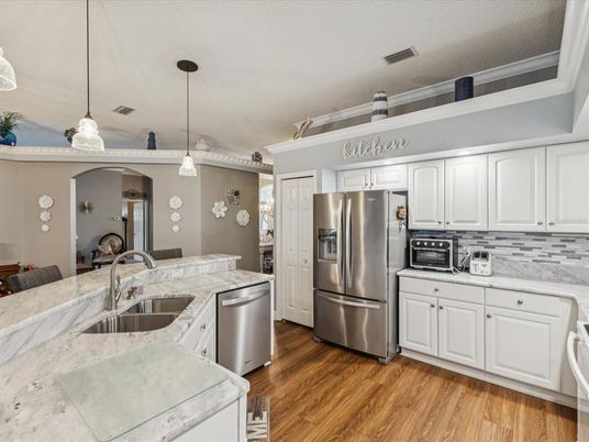 Interior, Kitchen, Pendant Lights, Stainless Steel Appliances, Wood Texture Flooring