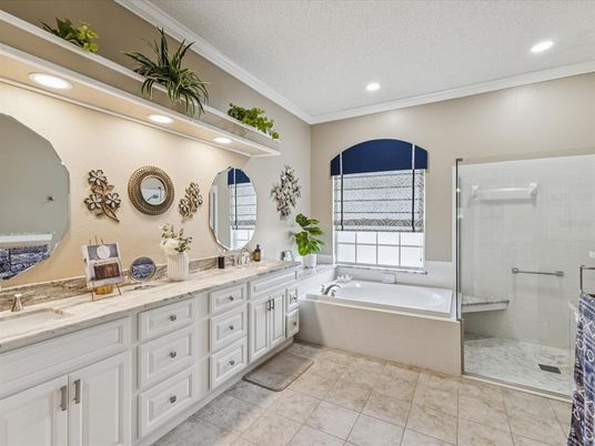Bathroom, Dual Sink Vanities, Glass Shower, Interior, Recessed Lighting