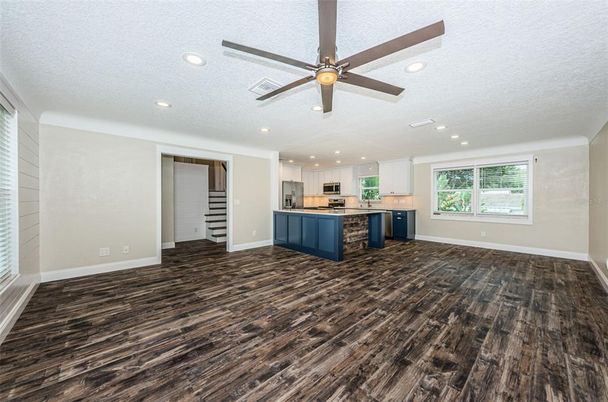 Empty room, Interior, Kitchen, Recessed Lighting, Wood Texture Flooring