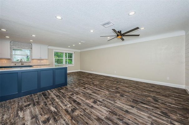 Empty room, Interior, Kitchen, Recessed Lighting, Wood Texture Flooring
