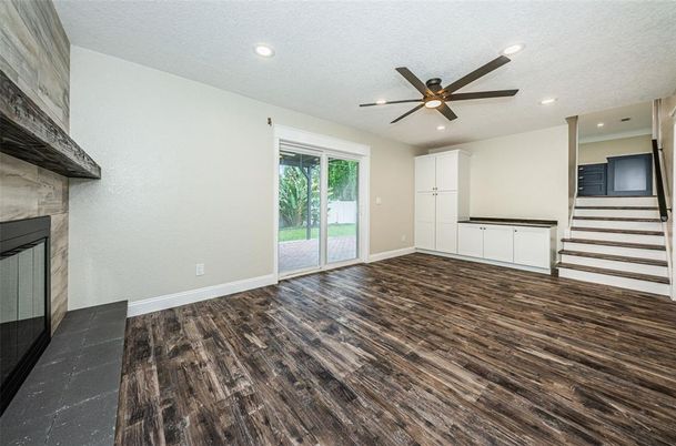 Empty room, Fireplace, Interior, Recessed Lighting, Wood Texture Flooring