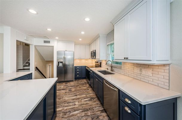 Interior, Kitchen, Recessed Lighting, Stainless Steel Appliances, Wood Texture Flooring