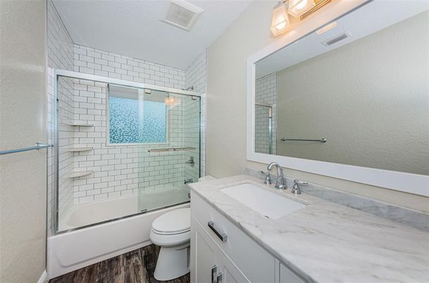 Bathroom, Glass Shower, Interior, Wood Texture Flooring