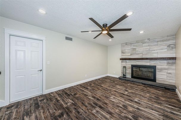 Empty room, Fireplace, Interior, Recessed Lighting, Wood Texture Flooring