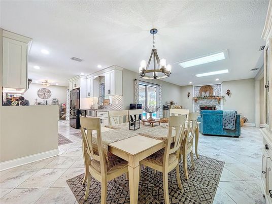 Chandelier, Dining room, Fireplace, Interior, Kitchen, Living room, Marble, Pendant Lights, Recessed Lighting