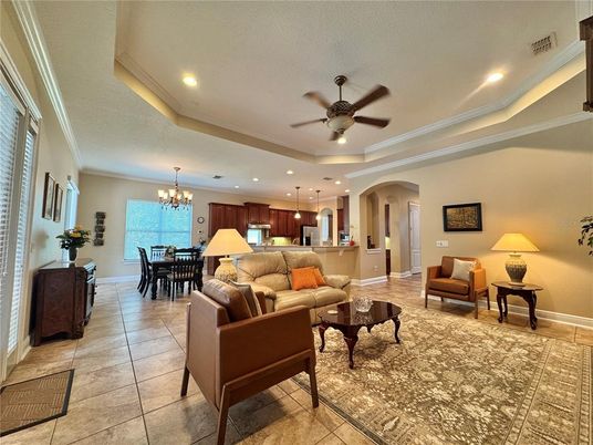 Chandelier, Dining room, Interior, Kitchen, Living room, Pendant Lights, Recessed Lighting, Stainless Steel Appliances