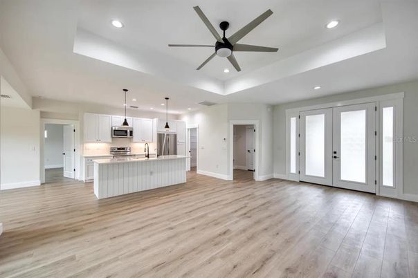 Interior, Kitchen, Pendant Lights, Recessed Lighting, Stainless Steel Appliances, Wood Texture Flooring