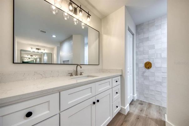 Bathroom, Interior, Recessed Lighting, Wood Texture Flooring