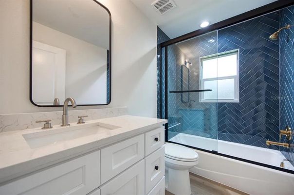 Bathroom, Glass Shower, Interior, Recessed Lighting, Wood Texture Flooring