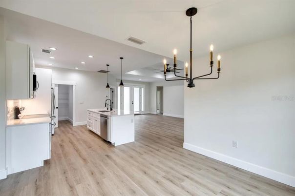 Interior, Kitchen, Pendant Lights, Recessed Lighting, Wood Texture Flooring