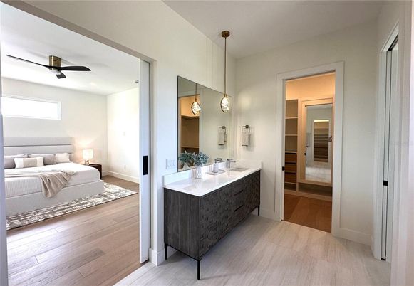 Bathroom, Bedroom, Dual Sink Vanities, Interior, Pendant Lights, Wood Texture Flooring